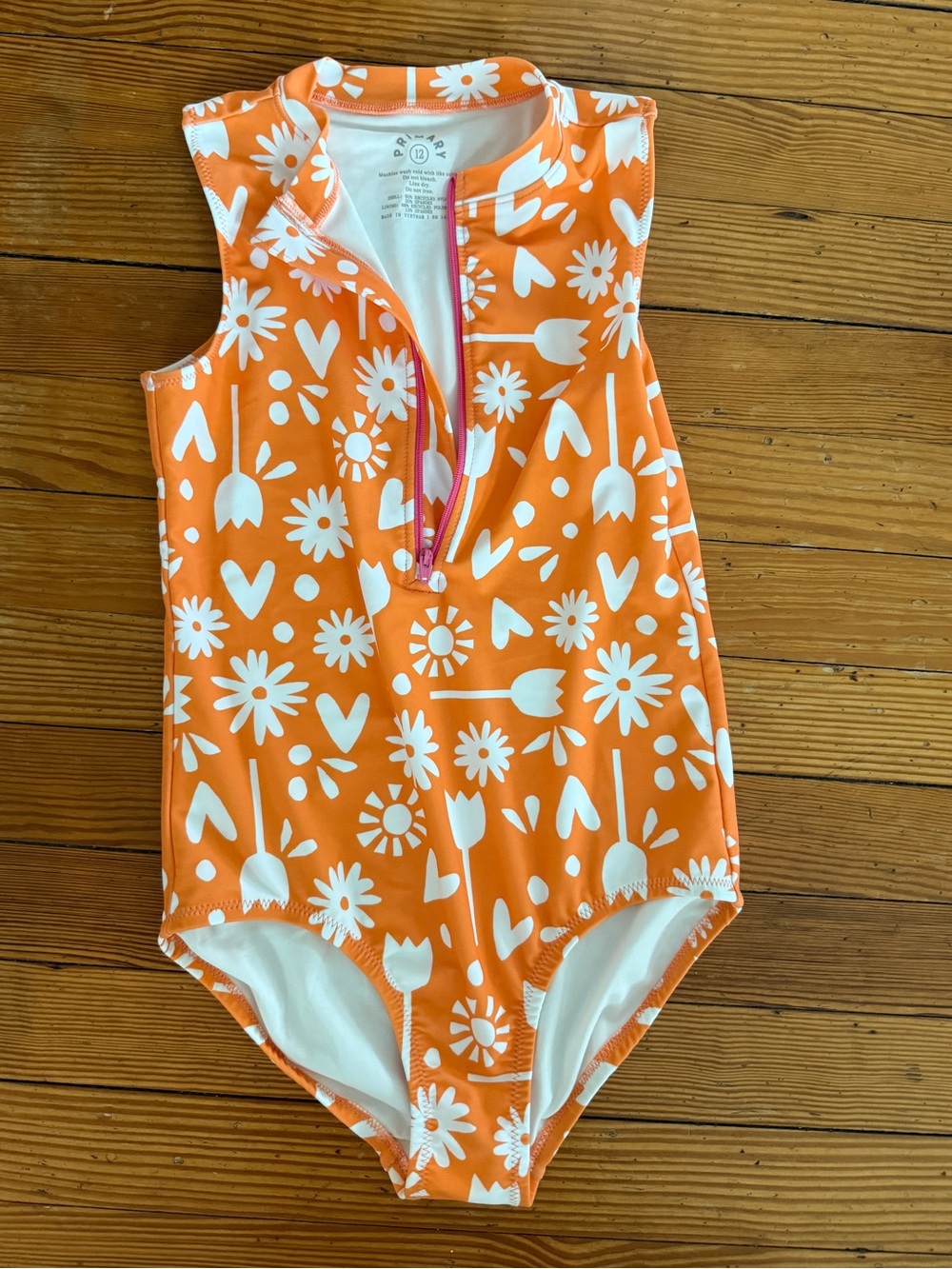 Primary Orange Floral Zip-Front One-Piece Swimsuit